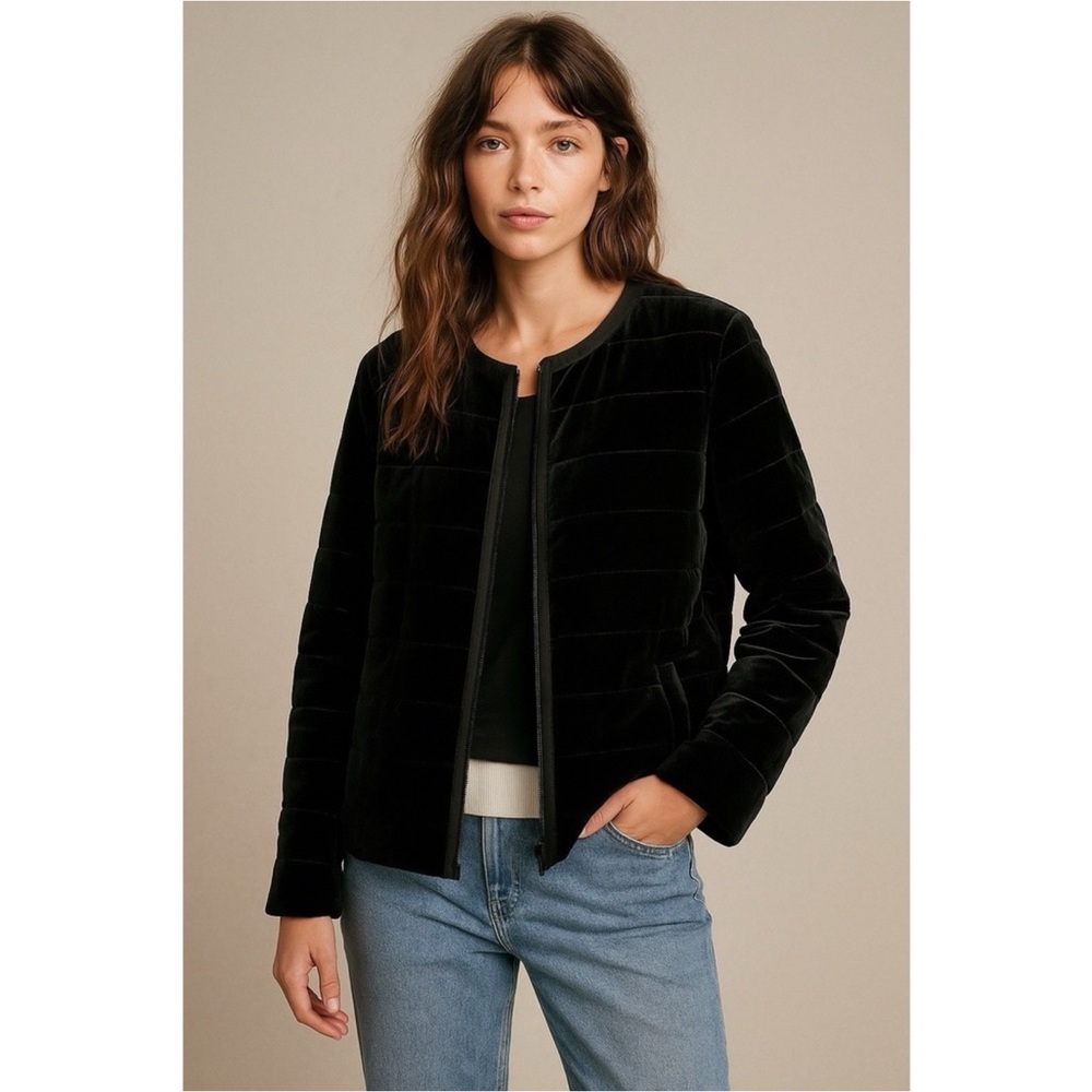 Eileen Fisher Velvet Silk Blend Quilted Jacket Black Size Medium